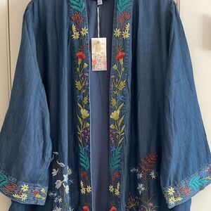 NWT Johnny WAS DENIM LYOCELL FULLY EMBROIDERED SIDE POCKET KIMONO SIZE US L …